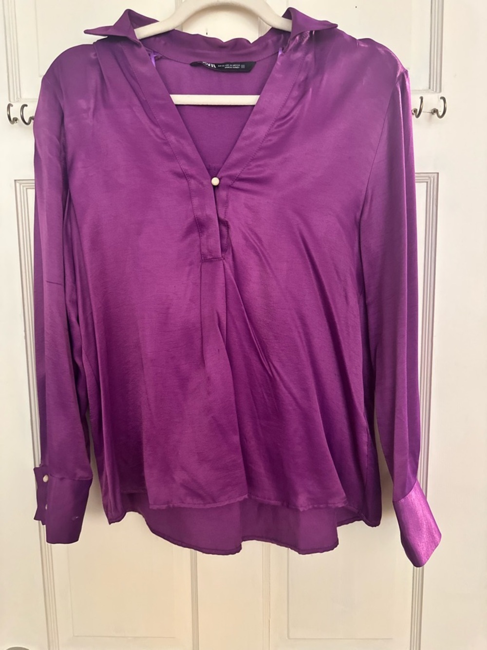 Zara Purple Satin V-Neck Button Blouse